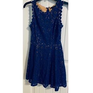 JODI KRISTOPHER SLEEVELESS MIDI LACE OVERLAY DRESS, JUNIORS, 5, ROYAL BLUE & TAN